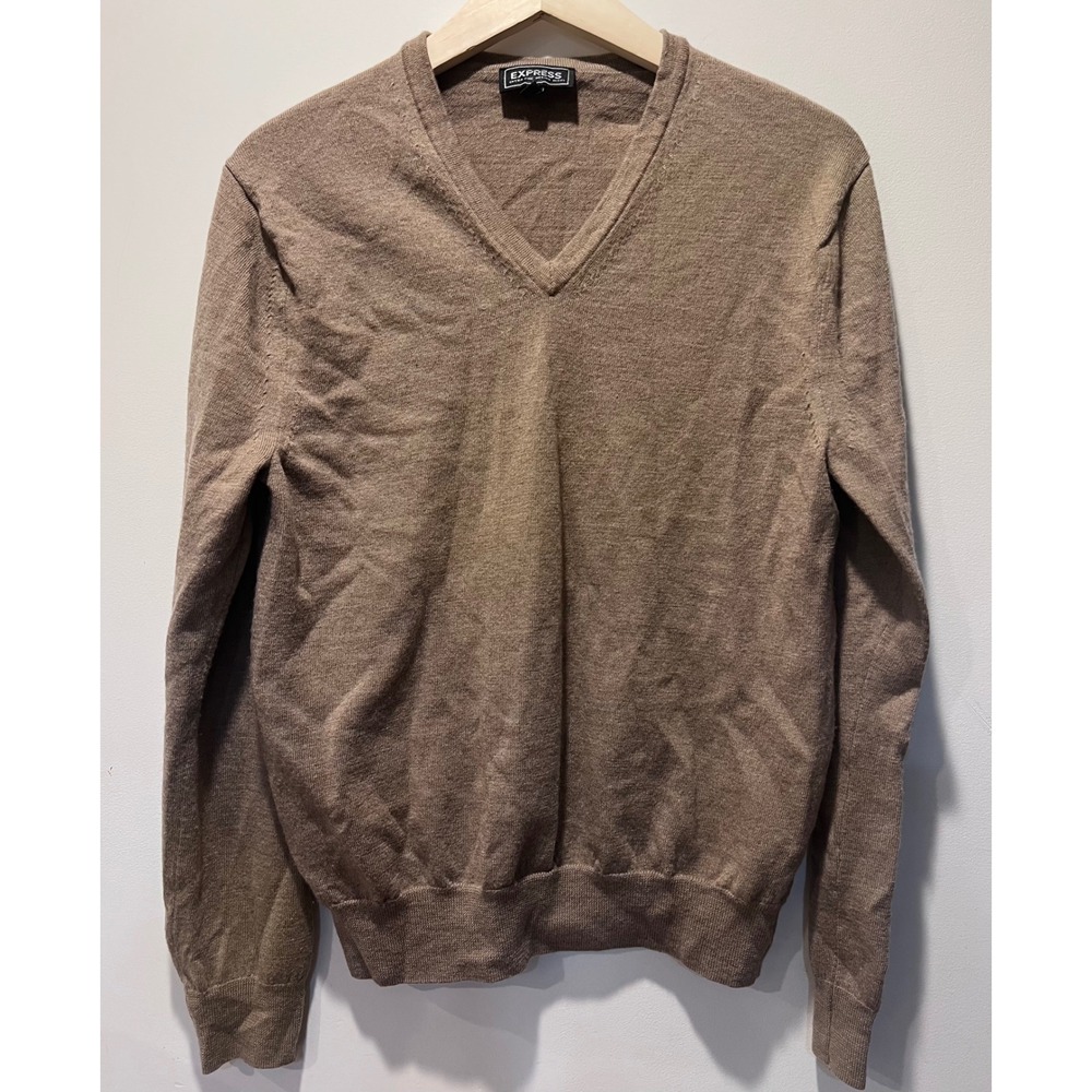 EXPRESS Mens V Neck Sweater Extra Fine Merino Wool Tan Brown Size Large